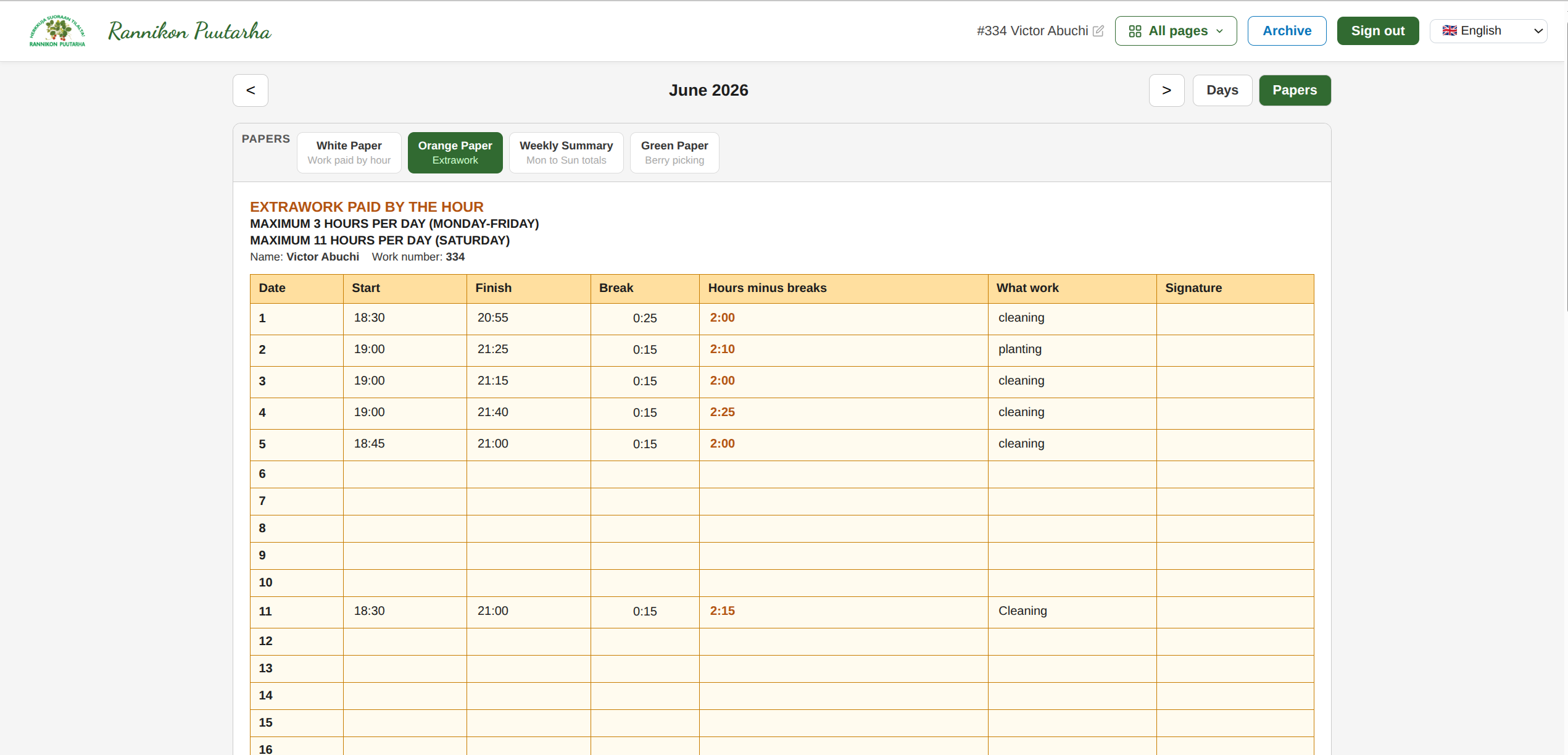 Orange paper timesheet view