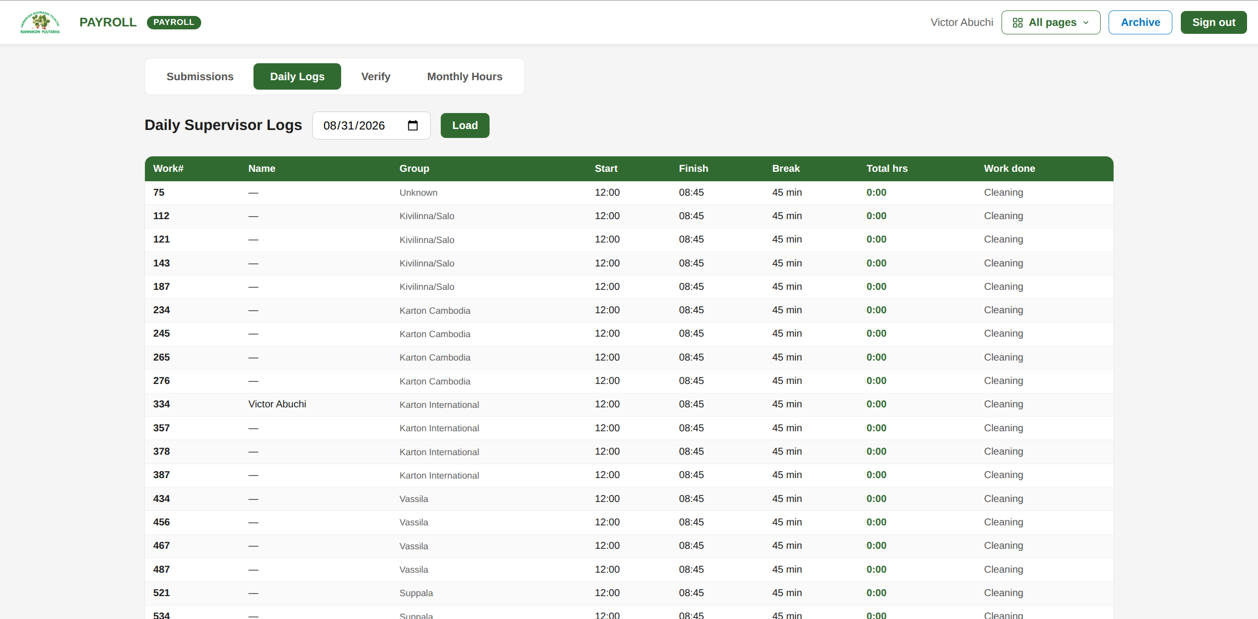 Payroll verification page comparing supervisor and worker hours