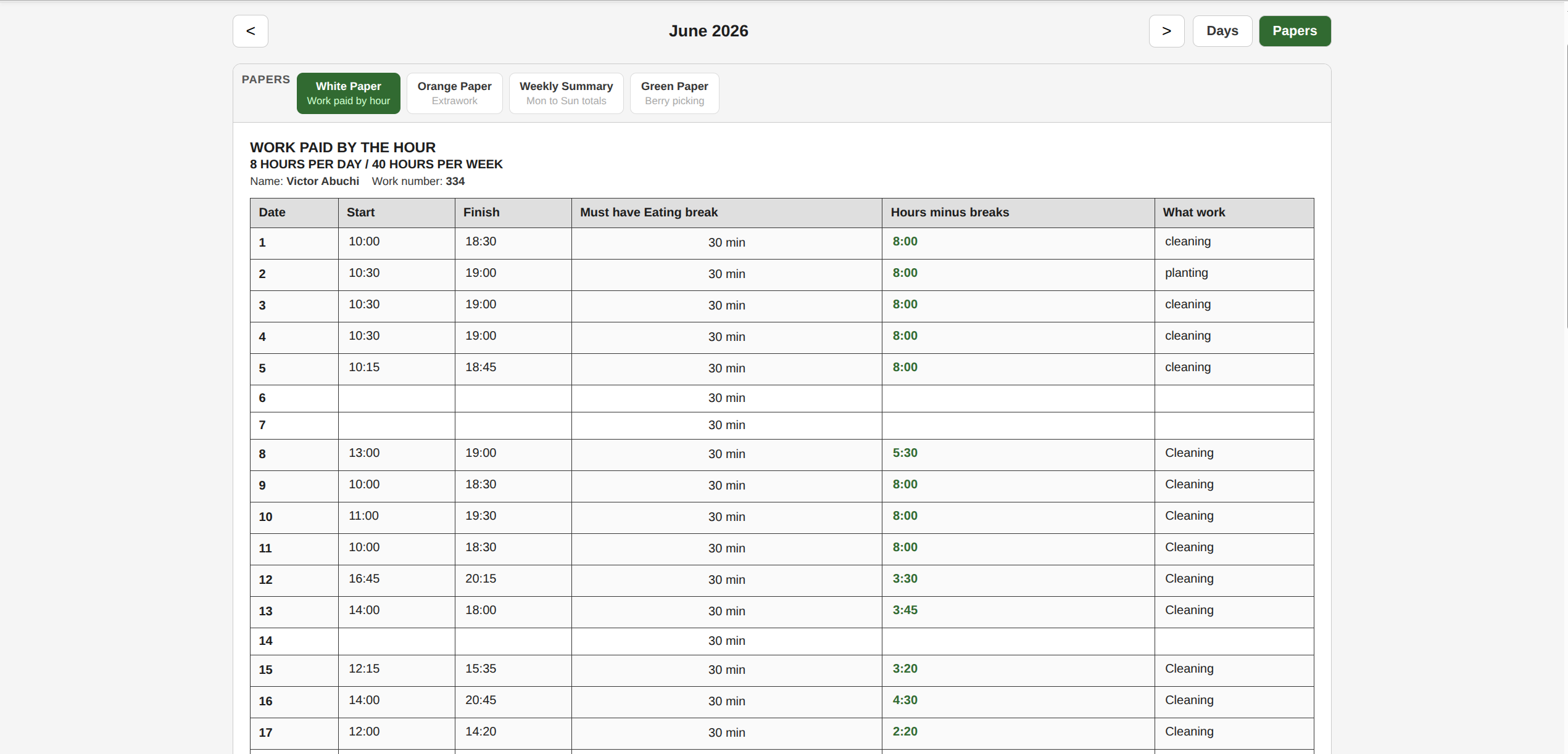 White paper timesheet view